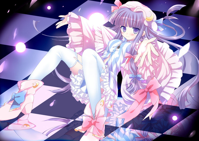absurdres bad_id bad_pixiv_id bangs blunt_bangs blush boots bow checkered checkered_floor cloak cross-laced_footwear dress frills garter_straps glowing hat highres long_hair looking_at_viewer outstretched_hand patchouli_knowledge purple_eyes purple_hair reflection shoes short_dress sitting solo striped striped_dress thighhighs touhou vanilla_(miotanntann) white_legwear wide_sleeves