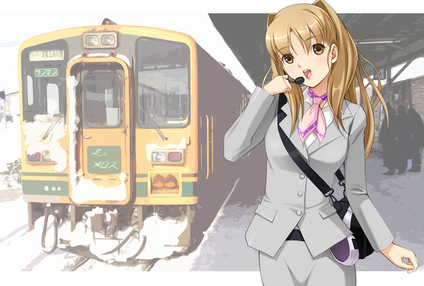 ashino_kana brown_eyes brown_hair dragon@harry headset highres long_hair solo tetsudou_musume tsugaru_railway