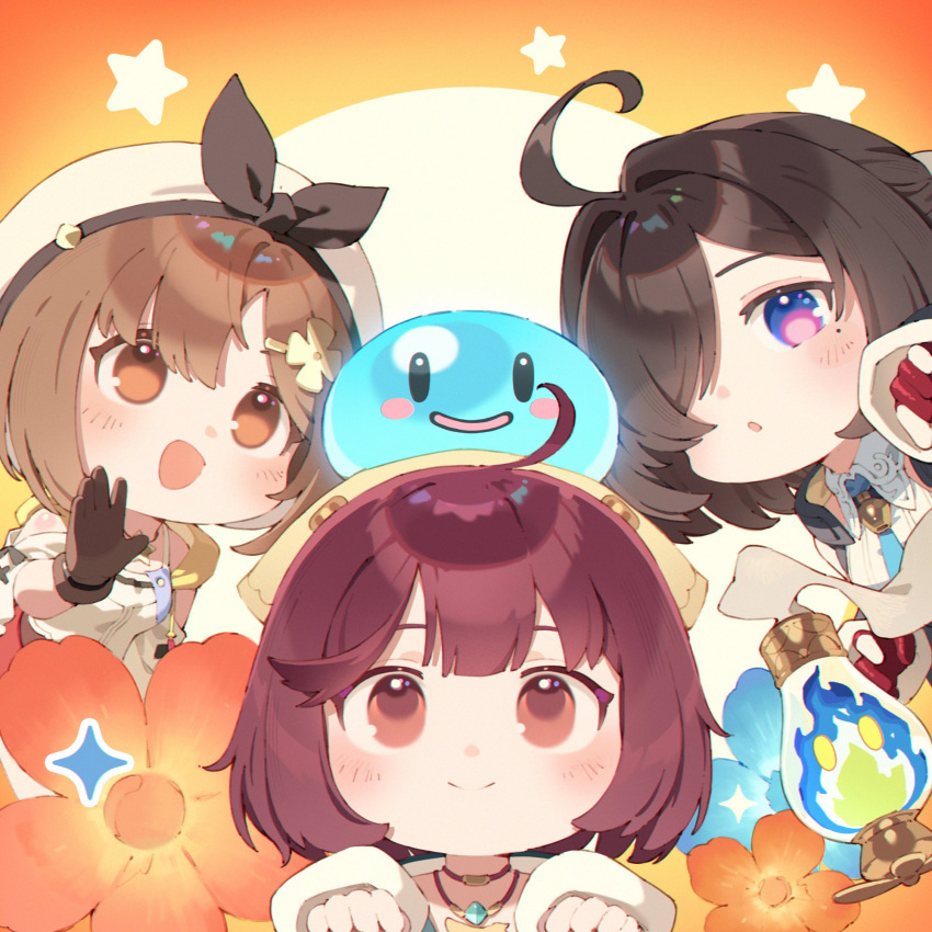 3girls :d :o ahoge atelier_(series) atelier_ryza atelier_sophie atelier_yumia black_hair brown_eyes brown_gloves brown_hair carelier11 chibi chibi_only closed_mouth commentary flammi_(atelier) gloves hair_over_one_eye headscarf highres looking_at_viewer mole mole_under_eye multiple_girls open_mouth orange_background puni_(atelier) purple_eyes red_hair reisalin_stout smile sophie_neuenmuller star_(symbol) yellow_headscarf yumia_liessfeldt