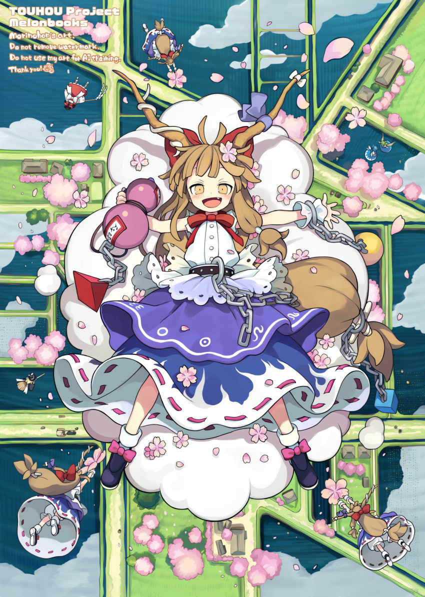 6+girls :d black_hat black_shoes blonde_hair bloomers blue_hair blue_skirt bow bowtie broom broom_riding chain cherry_blossoms cirno clone cloud commentary cuffs daiyousei fang flower from_above gohei gourd green_hair hair_bow hakurei_reimu hat highres holding holding_flower holding_gohei holding_gourd horns ibuki_suika kirisame_marisa long_hair looking_at_viewer low-tied_long_hair morino_hon multiple_girls open_mouth orange_hair outdoors outstretched_arms ox-driven_carriage pink_flower purple_skirt red_bow red_bowtie red_skirt ribbon-trimmed_skirt ribbon_trim shirt shoes skirt smile socks solo spread_arms symbol-only_commentary torn_clothes torn_sleeves touhou tree very_long_hair village watermark white_bloomers white_shirt white_socks witch_hat yellow_eyes