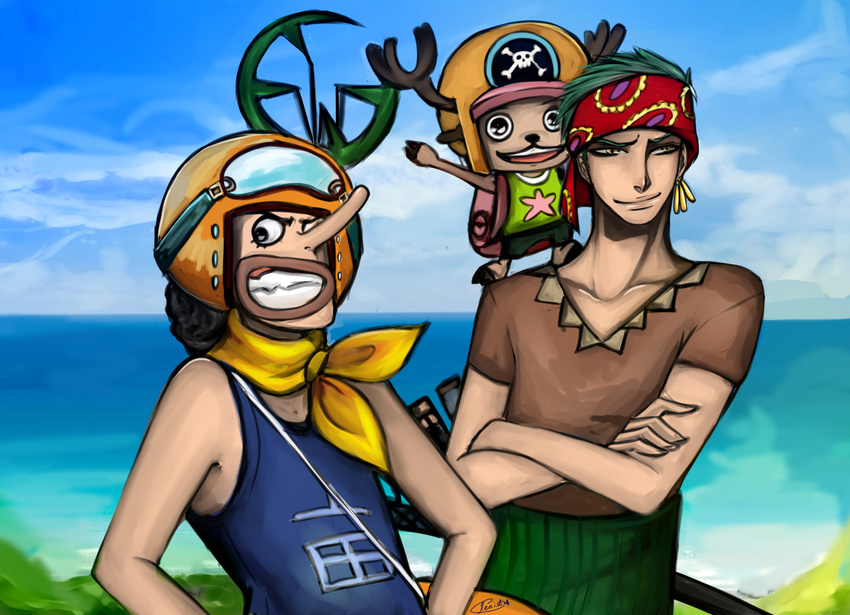 3boys antlers black_hair crossed_arms earrings green_hair haramaki headband helmet highres jewelry male male_focus multiple_boys neck_scarf ocean one_piece one_piece:_strong_world outdoors reindeer roronoa_zoro shirt shoulder_perch smile t-shirt tank_top tony_tony_chopper usopp v-neck