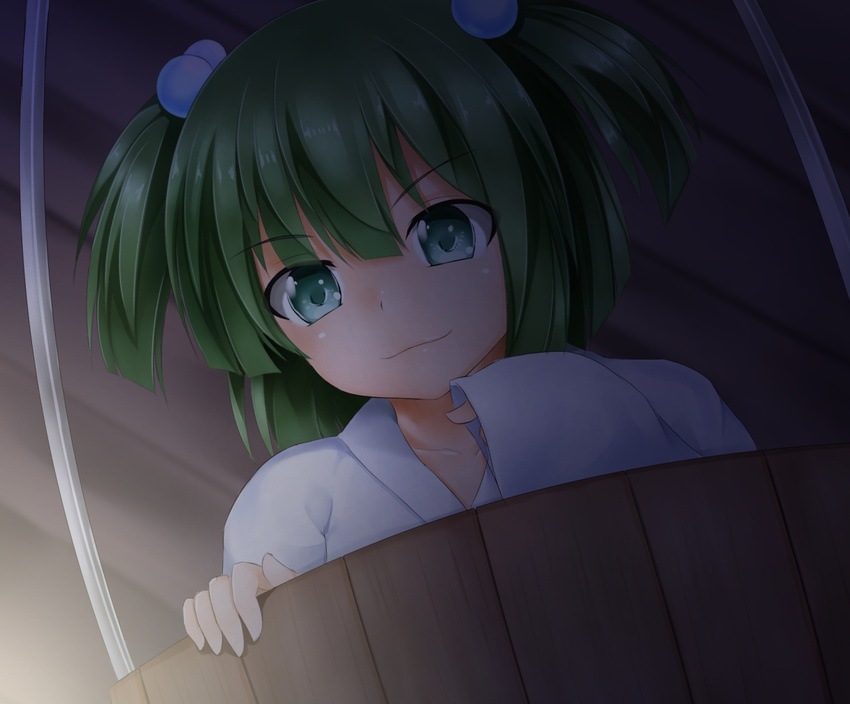 &gt;:) bucket green_eyes green_hair hair_bobbles hair_ornament in_bucket in_container kisume long_sleeves nikonikosiro short_hair short_twintails smile solo touhou twintails v-shaped_eyebrows wooden_bucket