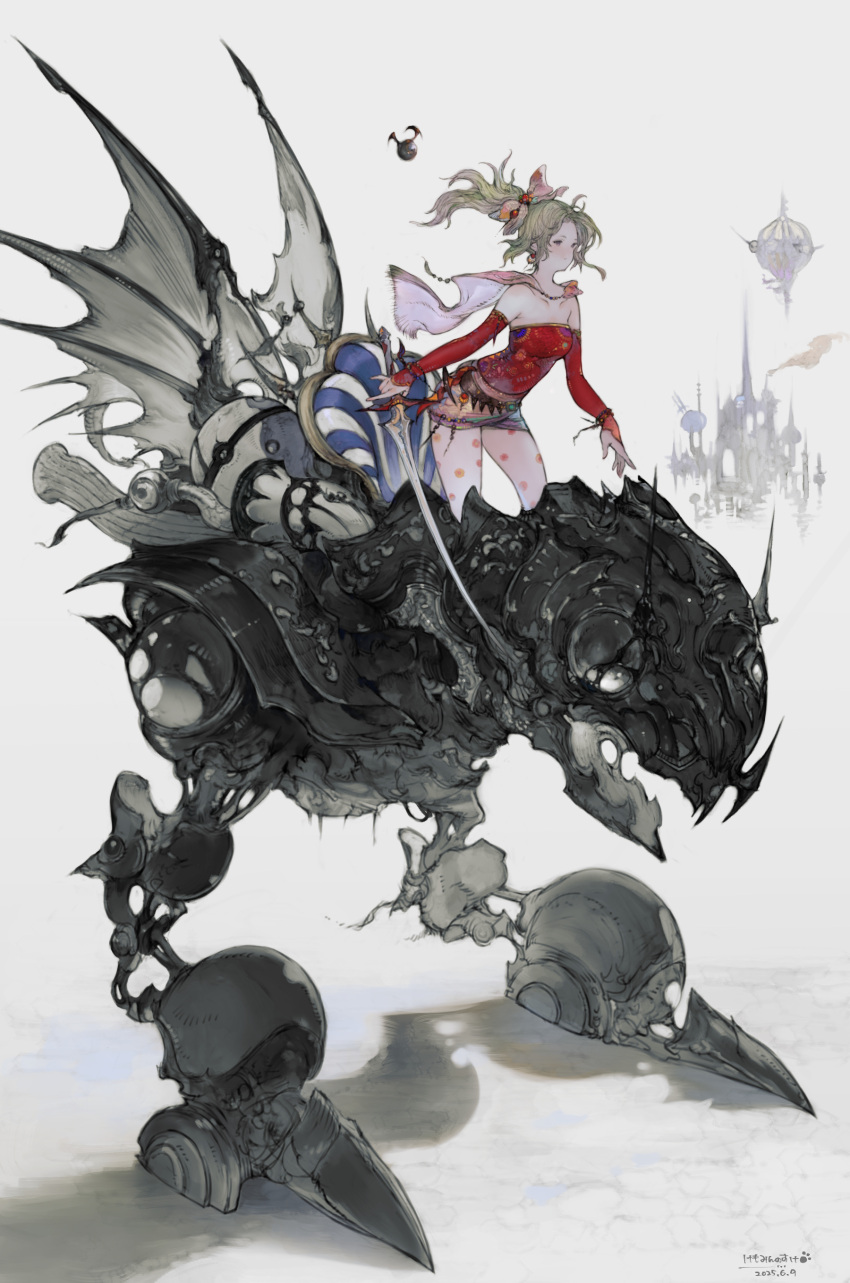 1girl absurdres bare_shoulders bow breasts cape dress final_fantasy final_fantasy_vi green_hair hair_bow highres holding holding_sword holding_weapon kemomin_nosuke magitek_armor mecha pink_cape polka_dot_pantyhose ponytail red_dress red_sleeves reverse-jointed_legs robot sash strapless strapless_dress sword terra_branford tube_dress waist_sash walker_(robot) weapon