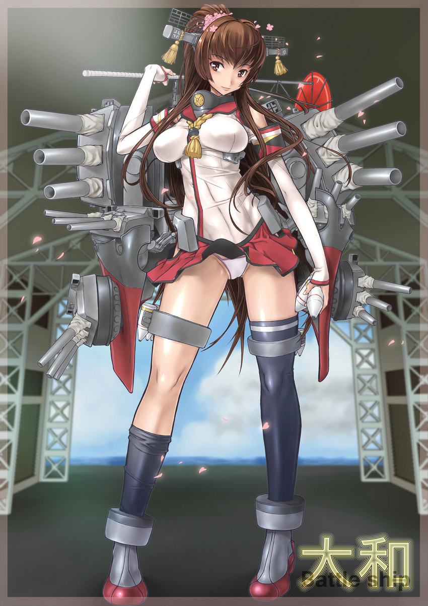 absurdres arrow blush brown_eyes brown_hair flower hair_flower hair_ornament highres hip_vent japanese_clothes juubaori_mashumaro kantai_collection light_smile long_hair looking_at_viewer md5_mismatch panties ponytail single_thighhigh skirt solo thighhighs underwear weapon yamato_(kantai_collection)