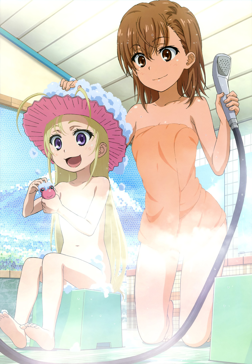 :d absurdres age_difference antenna_hair bangs barefoot bath_stool bathhouse bathing blonde_hair breasts brown_eyes brown_hair ceiling convenient_arm convenient_censoring febrie feet frog fujii_masahiro hair_between_eyes hand_on_another's_head happy highres holding honeycomb_(pattern) honeycomb_background indoors kneeling light_smile long_hair looking_at_another looking_down mirror misaka_mikoto mountain multiple_girls naked_towel navel nude nyantype official_art open_mouth orange_towel painting_(object) purple_eyes pyonko scan shampoo_hat short_hair shower_head sitting small_breasts smile soap_bubbles soap_censor soles steam steam_censor stool tan tile_floor tiles to_aru_kagaku_no_railgun to_aru_majutsu_no_index toes towel toy very_long_hair washing washing_hair wet wet_hair