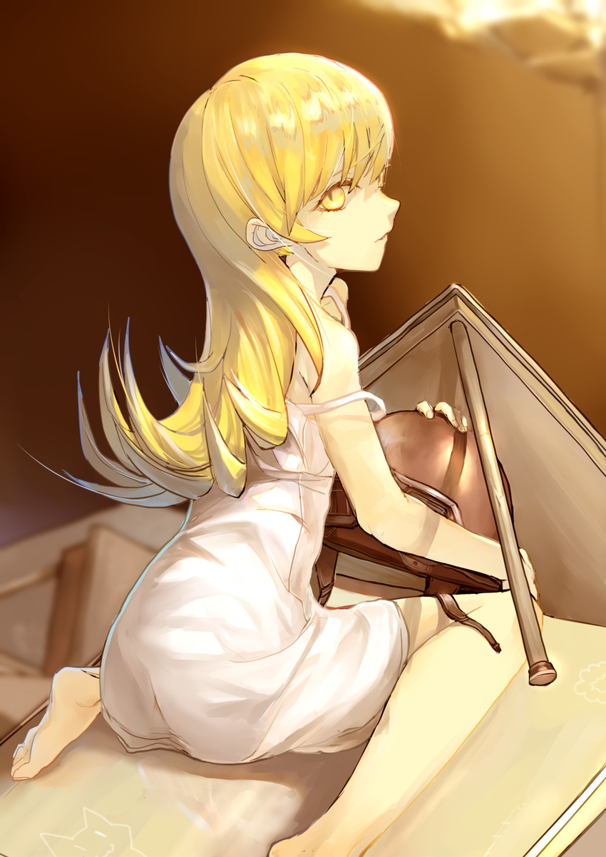 bakemonogatari barefoot blonde_hair from_behind highres long_hair looking_at_viewer looking_back monogatari_(series) nuda off_shoulder oshino_shinobu plantar_flexion sitting solo wariza yellow_eyes