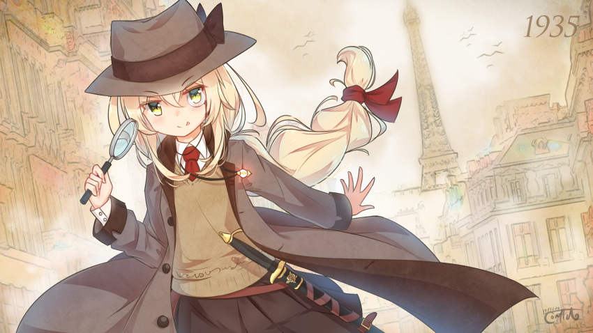 1girl :p bangs blonde_hair blush braid brown_coat brown_hat brown_skirt building closed_mouth coat collared_shirt copyright_request coreytaiyo dated eiffel_tower eyebrows_visible_through_hair glowing green_eyes hair_between_eyes hat highres holding holding_magnifying_glass jewelry long_hair long_sleeves looking_at_viewer magnifying_glass monocle necktie open_clothes open_coat pendant pleated_skirt red_neckwear sheath sheathed shirt signature single_braid skirt smile solo sweater_vest sword tongue tongue_out very_long_hair weapon white_shirt