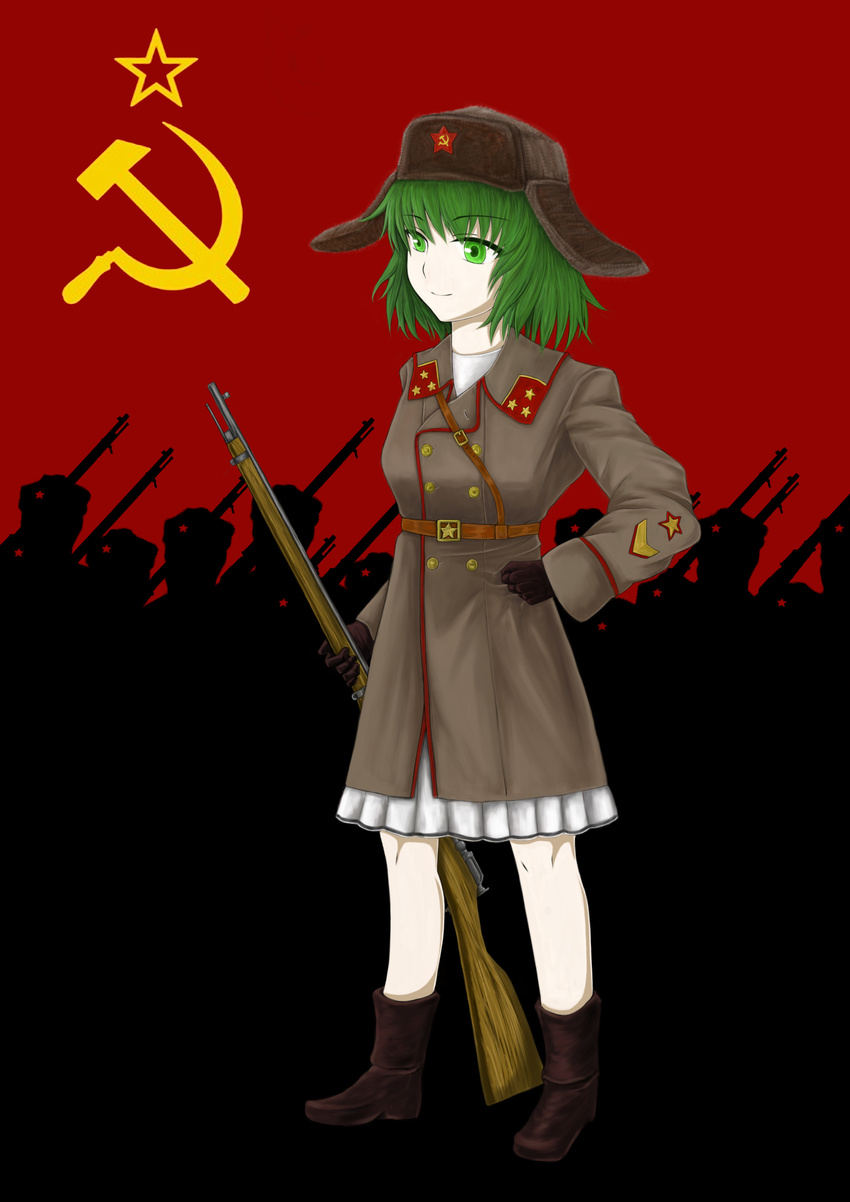 1girl 6+boys boots earflap_hat fur_hat green_eyes green_hair gun hammer_and_sickle hat highres kasodani_kyouko military military_uniform multiple_boys red_background rifle short_hair simple_background smile solo_focus soviet soviet_flag soviet_union standing star theo1227 touhou uniform ushanka ussr weapon