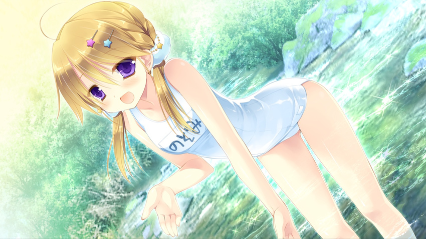 1girl artist_request blonde_hair character_name game_cg gangsta_republica hair_clips hair_ornament miyasu_risa outdoors purple_eyes school_swimsuit short_hair smile solo star stars swimsuit tokimori_nozomi twintails water white_school_swimsuit white_swimsuit whitesoft