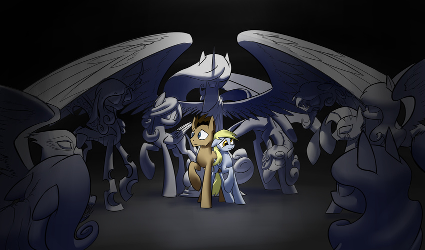 avian blonde_hair blue_eyes brown_hair changeling derpy_hooves_(mlp) doctor_whooves_(mlp) equine female friendship_is_magic gryphon hair horn horse male mammal my_little_pony pegasus pony scared sharp_teeth stone teeth underpable weeping_angels winged_unicorn wings yellow_eyes zebra