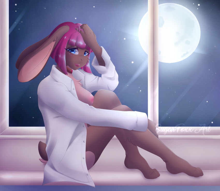 blue_eyes blush breasts chelsea_(dkside41) clothed clothing dress_shirt exposed_breasts feet female hair lagomorph mammal moon nipples pink_hair pose rabbit shirt smile solo sugarfoxxart window