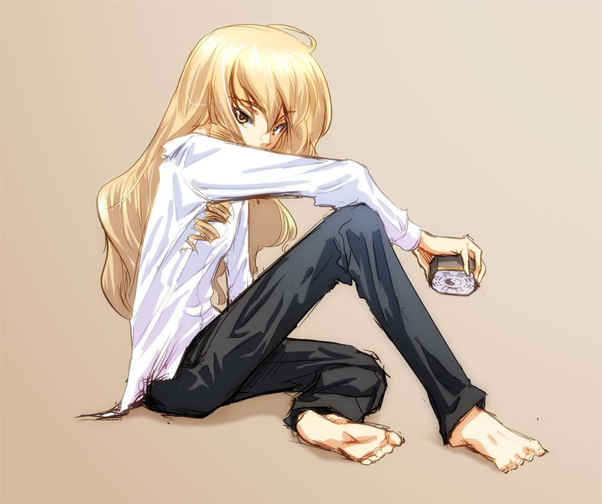 barefoot blonde_hair casual dress_shirt drill_hair feet full_body kirisame_marisa long_hair mini-hakkero pants shirt simple_background sitting sketch solo touhou white_shirt yamazaki_mitsuru yellow_eyes