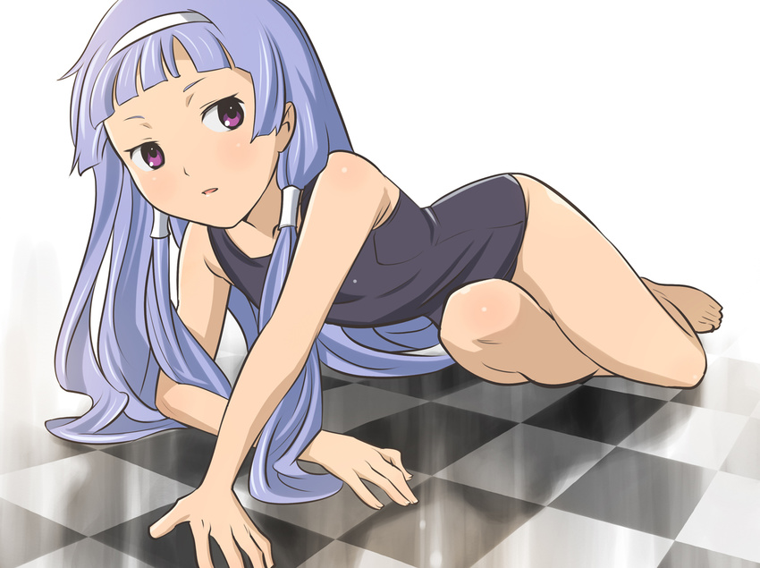 all_fours bad_id bad_pixiv_id bangs barefoot blue_hair blunt_bangs checkered checkered_floor flat_chest floor hair_tubes hairband hands kannagi long_hair nagi one-piece_swimsuit perspective purple_eyes school_swimsuit solo swimsuit xr650r