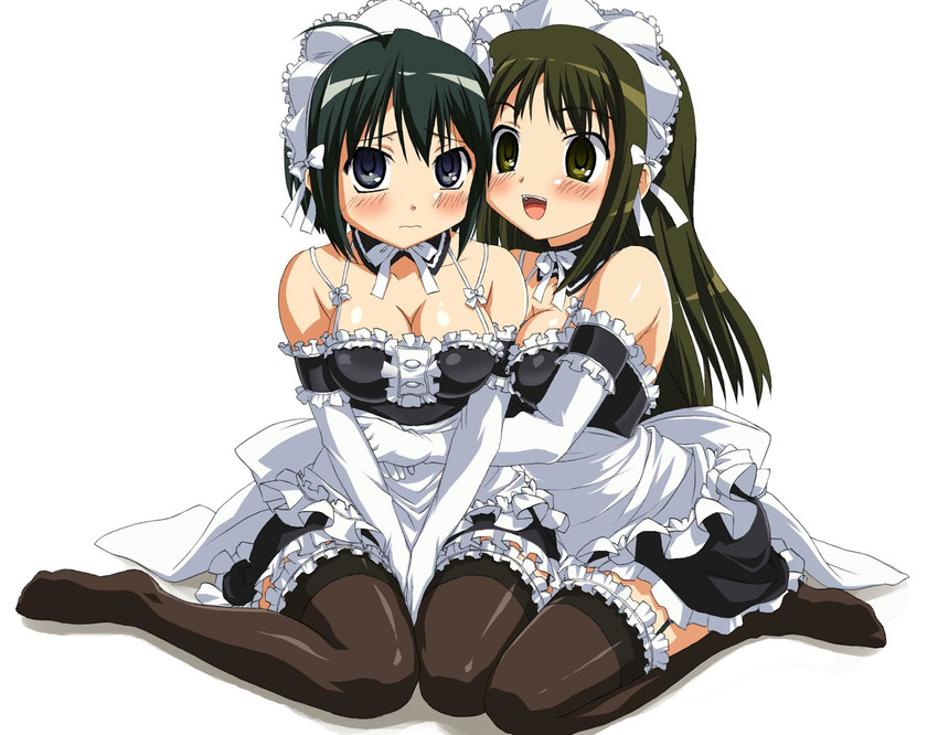 :d black_hair blue_eyes blush breasts cleavage elbow_gloves garter_straps gloves green_eyes green_hair highres hug kagejou kore_ga_watashi_no_goshujin-sama kuramachi_anna large_breasts legs long_hair maid multiple_girls no_shoes open_mouth sawatari_izumi short_hair sitting smile thighhighs v_arms wariza zettai_ryouiki