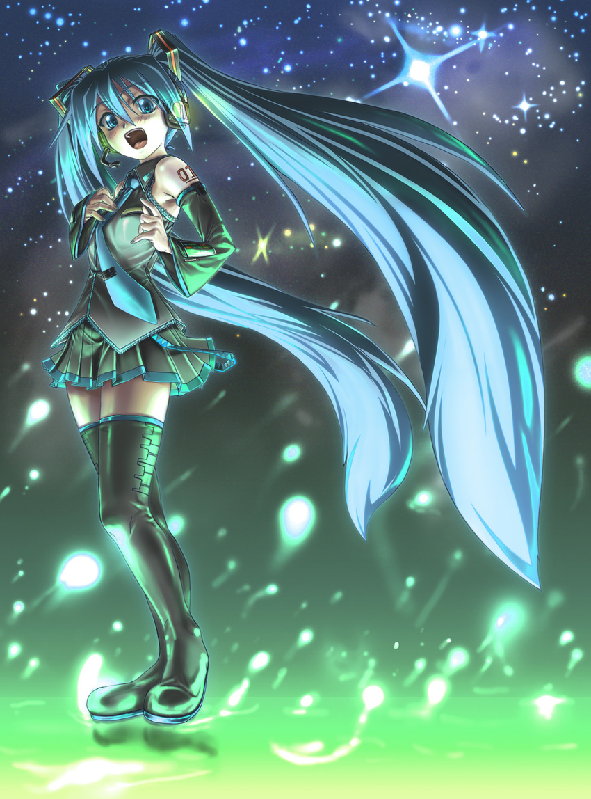 bad_id bad_pixiv_id blue_eyes blue_hair detached_sleeves hatsune_miku headset highres long_hair naa~ necktie skirt solo star_(sky) thighhighs twintails very_long_hair vocaloid