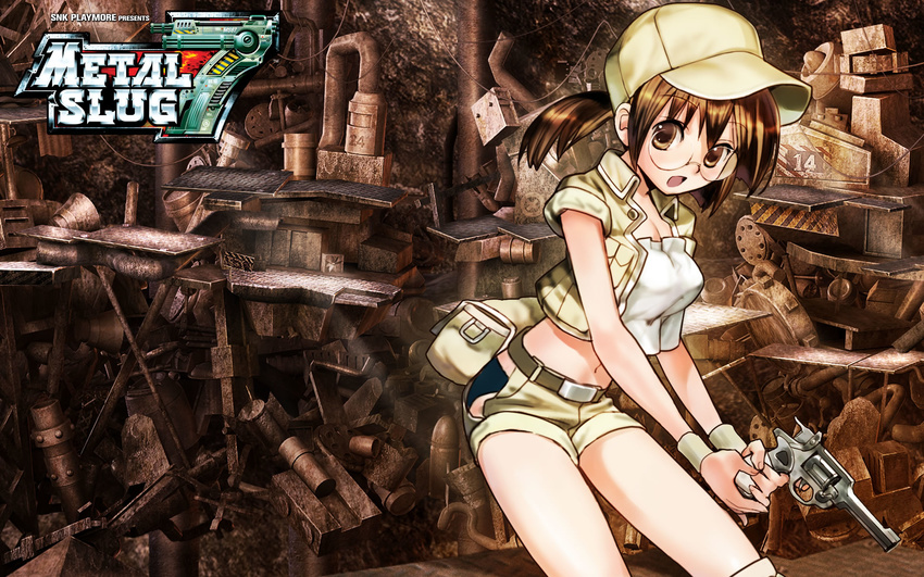 brown_eyes brown_hair fio_germi glasses gun handgun highres metal_slug midriff revolver short_shorts shorts sleeves_rolled_up snk solo vest wallpaper weapon widescreen