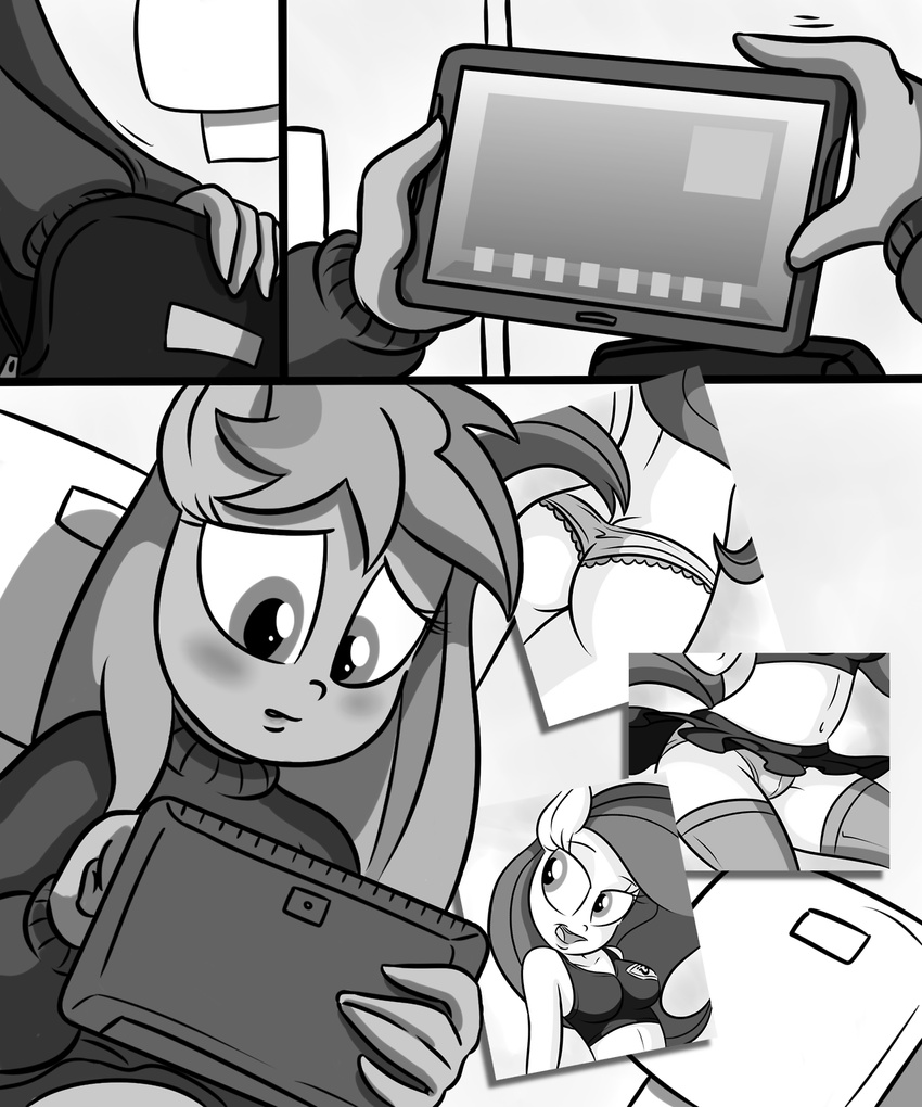 anthro black_and_white blush breasts butt comic english_text equine female greyscale hair horse killryde lust_from_afar mammal monochrome my_little_pony panties pony solo tablet text underwear
