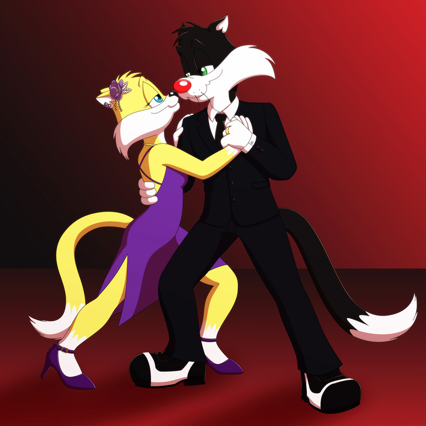 blue_eyes breasts cat clothed clothing couple dancing dress duo eye_contact feline female green_eyes guimontag high_heels jewelry looney_tunes male mammal plain_background purple_dress red_background romantic smile suit sylvester sylvia warner_brothers