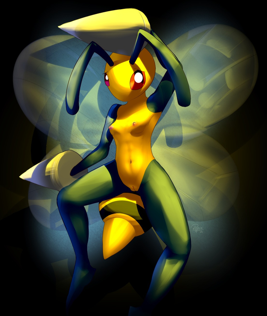 anthro armpits arthropod bald barefoot bee beedrill black_skin breasts elpatrixf female flying hi_res insect insectoid looking_at_viewer navel nintendo nipples nude pink_skin pinup pok&#233;mon pok&eacute;mon pose pussy raised_arm raised_leg red_eyes shadow shiny skin solo spread_legs spreading video_games white_eyes wings yellow_skin