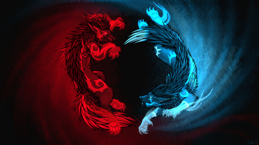 absurd_res blue_fur blue_horns canine chasing claws cyan_claws cyan_eyes cyan_feathers cyan_markings cyan_pawpads demon feral fight fur glowing glowing_eyes hi_res male mammal markings ratte red_eyes red_fur red_markings teal_feathers teal_fur teal_horns teal_nose wild wolf yin_yang yukikiba