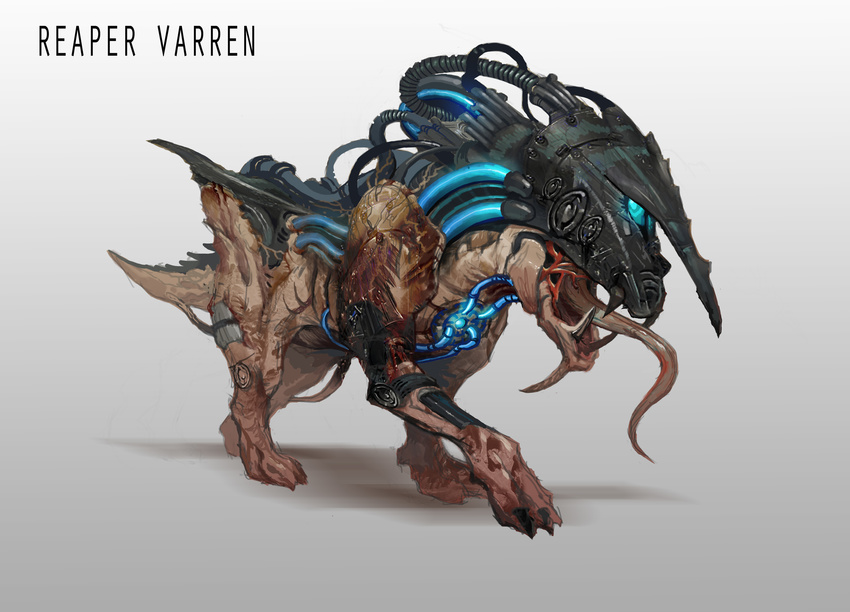 absurd_res alien all_fours andrewryanart blue_eye blue_eyes creepy cyborg dead fan_art gradient_background hi_res horn hybrid long_tongue mass_effect nightmare_fuel open_mouth sharp_teeth solo teeth text tongue varren