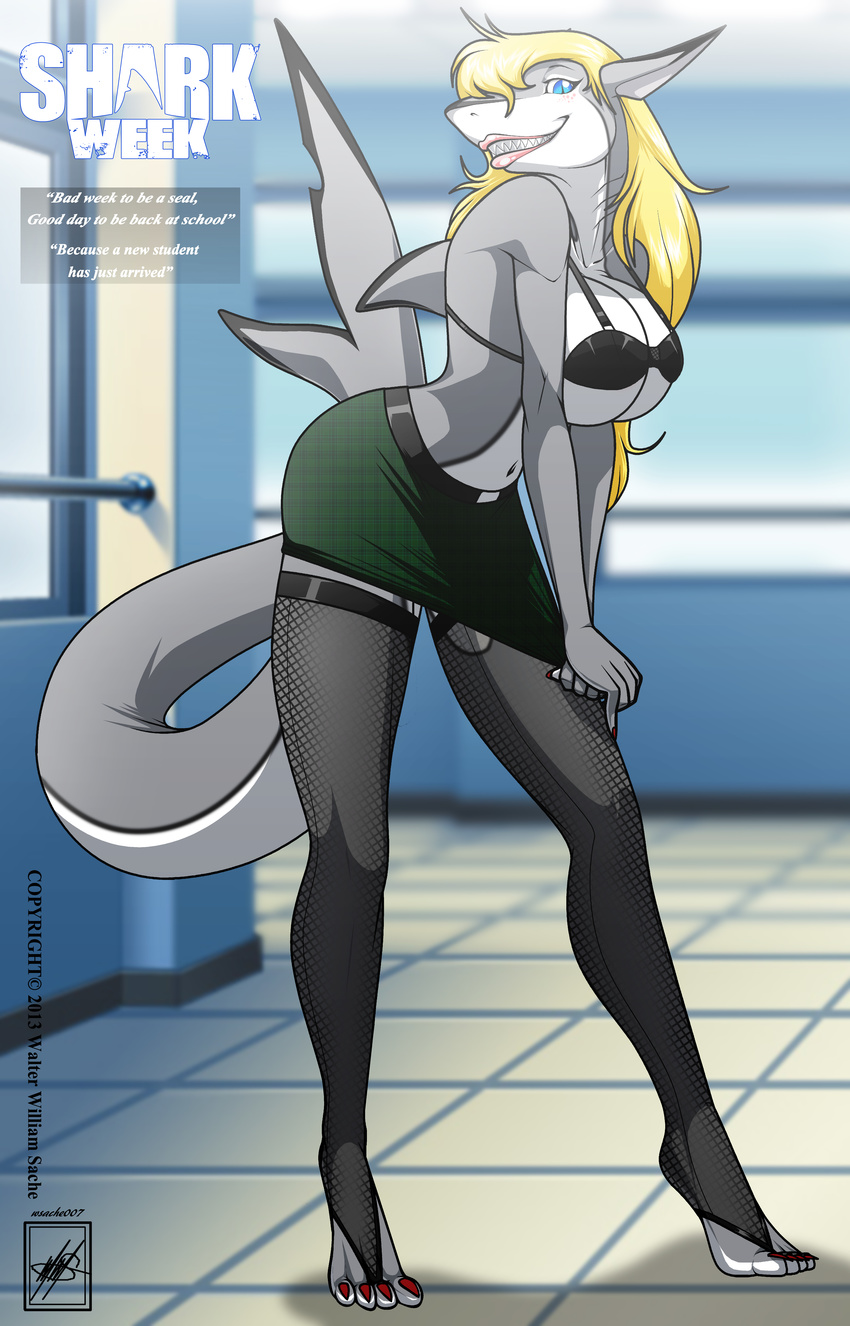 absurd_res anthro big_breasts blonde_hair blue_eyes breasts claws cleavage clothed clothing english_text female fish grey_skin hair hi_res hindpaw inside legwear lips long_hair looking_at_viewer marine navel paws pink_lips pose shark skimpy skirt smile solo stockings text thighs walter_sache white_skin