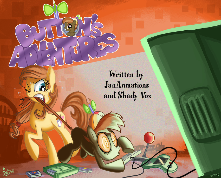 beanie blue_eyes brown_hair button's_mom button's_mom button_mash_(mlp) controller cutie_mark english_text equine fan female game game_controller glowing hair hat horse jowybean male mammal mother mother_and_son my_little_pony original_character parent pony pulling son television text video_games