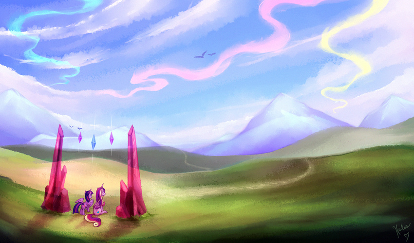 aurora_borealis cloud cutie_mark duo equine female feral friendship_is_magic fur gate gem grass hair heilos horn horse mammal mountain multi-colored_hair my_little_pony outside pony princess_cadance_(mlp) purple_fur purple_hair sitting sky standing twilight_sparkle_(mlp) winged_unicorn wings