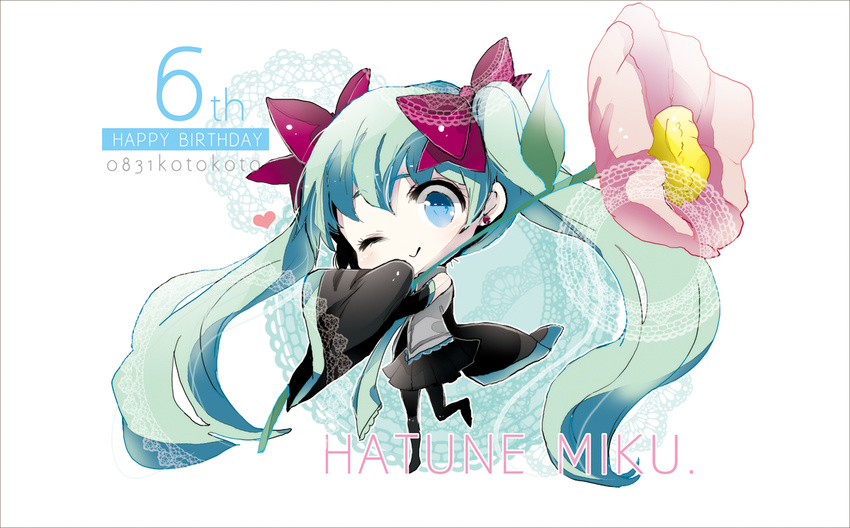 aqua_eyes aqua_hair earrings flower happy_birthday hatsune_miku jewelry kotokoto_(vibgyor) long_hair one_eye_closed ribbon smile solo twintails vocaloid