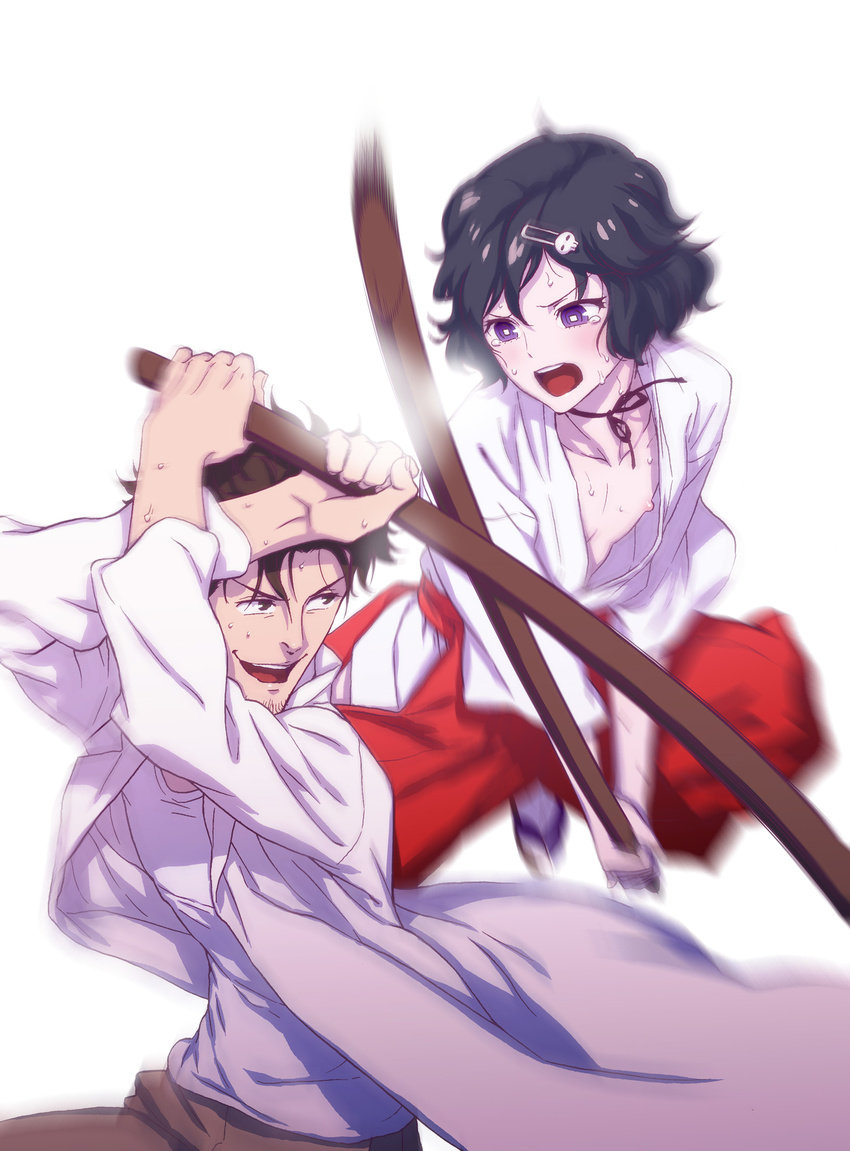 androgynous battle black_hair bokken clash duel fetishist hair_ornament hairclip highres japanese_clothes labcoat miko motion_blur multiple_boys nipples okabe_rintarou open_mouth otoko_no_ko purple_eyes short_hair simple_background skull_hair_ornament steins;gate sweat sword urushibara_ruka weapon white_background wooden_sword