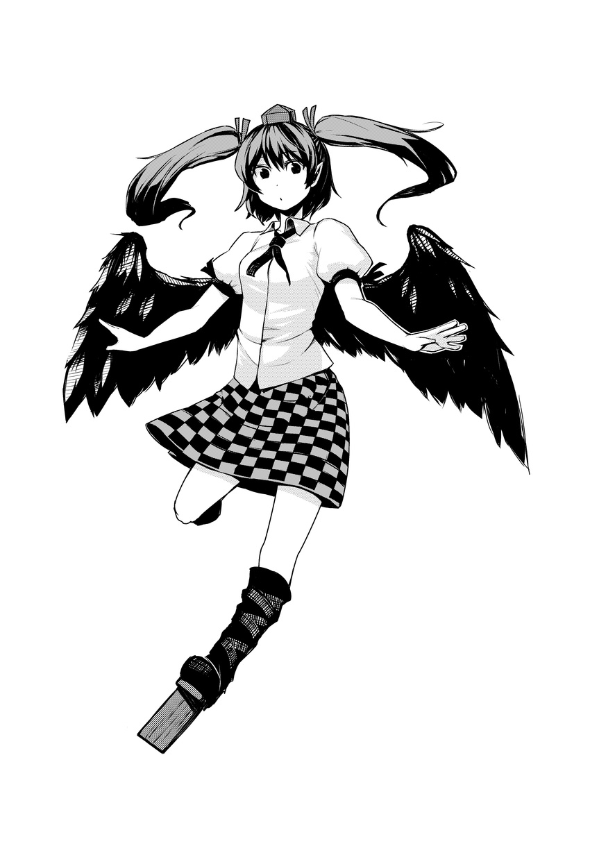 :o absurdres boots checkered checkered_skirt full_body geta greyscale hat highres himekaidou_hatate long_hair looking_at_viewer monochrome pointy_ears simple_background skirt solo tengu-geta tokin_hat touhou twintails white_background wings yokohachi