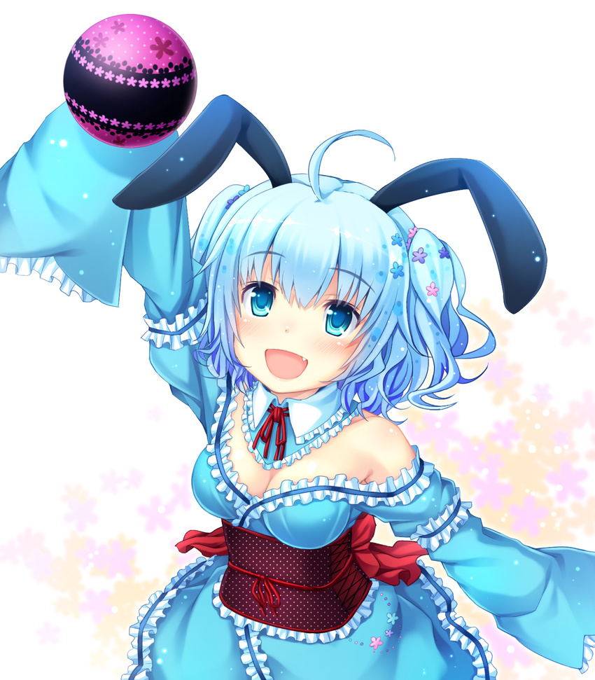 ahoge animal_ears ball bare_shoulders blue_eyes blue_hair blush breasts bunny_ears cleavage fang highres long_sleeves medium_breasts momoiro_taisen_pairon namaru_(summer_dandy) open_mouth short_hair sleeves_past_wrists smile solo