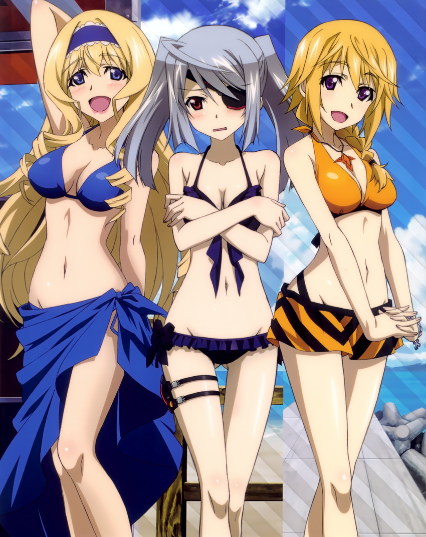 :d absurdres arm_up ass_visible_through_thighs bare_shoulders bikini bikini_skirt blonde_hair blue_bikini blue_eyes blue_hairband blue_sarong blush bracelet braid breast_hold breasts cecilia_alcott charlotte_dunois cleavage covering covering_breasts crossed_arms duplicate embarrassed eyepatch front-tie_top garters groin hairband hashimoto_takayoshi highres infinite_stratos jewelry laura_bodewig lips long_hair long_legs medium_breasts multiple_girls navel official_art open_mouth orange_sarong pendant purple_eyes red_eyes sarong scan side-tie_bikini silver_hair smile striped striped_sarong swimsuit thigh_gap thigh_strap twintails