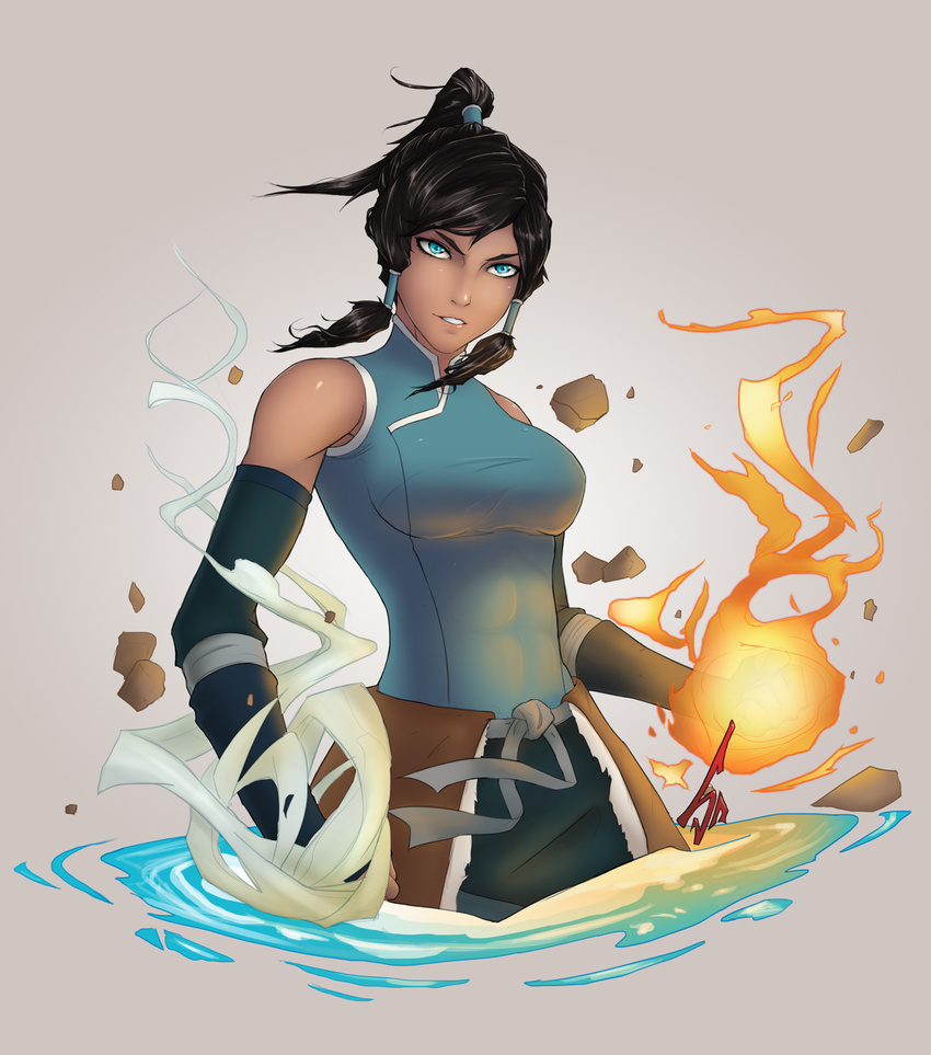 abs avatar_(series) bad_deviantart_id bad_id bare_shoulders black_hair blue_eyes breasts dark_skin elbow_gloves element_bending fingerless_gloves fire gloves hair_tubes highres korra large_breasts long_hair ponytail rock scyfon solo the_legend_of_korra topknot upper_body vambraces water