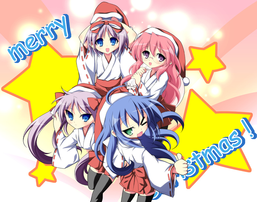 ahoge christmas glasses hakama hat hiiragi_kagami hiiragi_tsukasa izumi_konata japanese_clothes ka2 lucky_star miko mole mole_under_eye multiple_girls one_eye_closed pantyhose red_hakama santa_costume santa_hat takara_miyuki thighhighs thumbs_up zettai_ryouiki