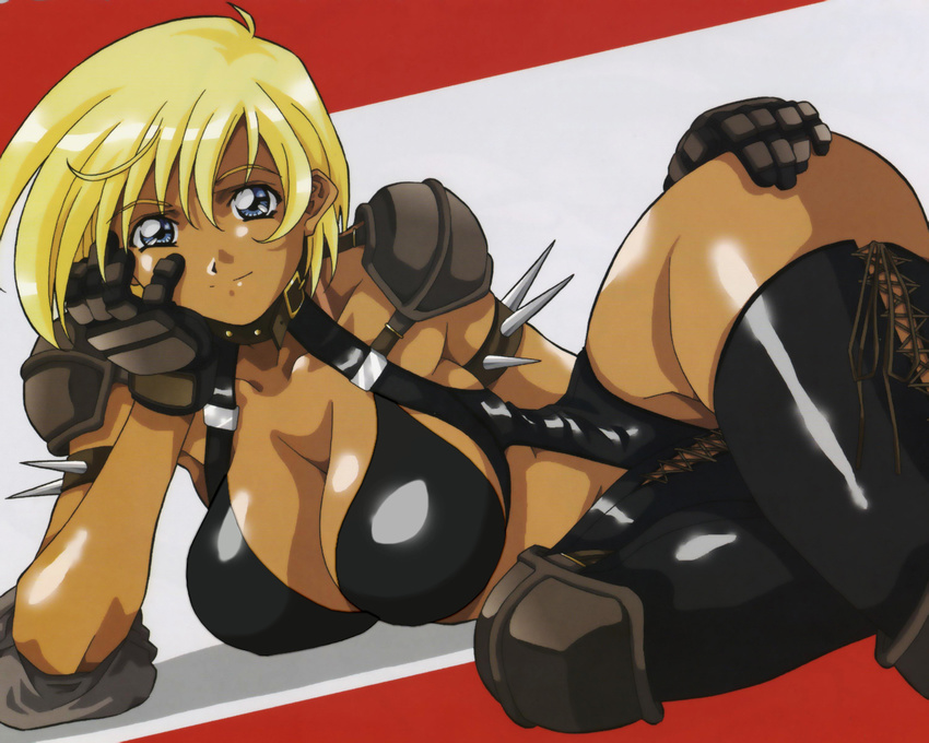 1girl amano_yoki armband armor ass bikini blonde_hair blue_eyes bra breasts collar dark_skin elbow_pads gloves harness knee_pads laceups large_breasts leather leather_armor lingerie one-piece short_hair solo spaulders spikes swimsuit tan tanline thighhighs underwear virtual_angels