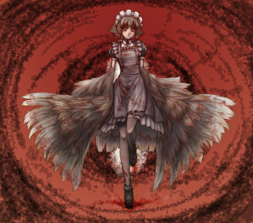 blood brown_hair feathered_wings feathers futaba_channel gustav_(telomere_na) harpy horror_(theme) maid monster_girl nijiura_maids red_eyes short_hair solo thighhighs wings yabai