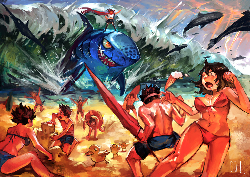 5boys beach bikini bird black_hair cape catsila duck duckling fleeing food headband ice_cream_cone kamina_shades multiple_boys multiple_girls ocean original pointing pointing_forward riding sand_castle sand_sculpture scarf shark sparkle summer sunglasses swimsuit sword swordfish thighhighs tidal_wave water weapon