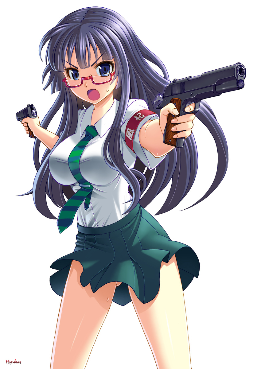 armband ass_visible_through_thighs blue_eyes blush breasts cocked_hammer dual_wielding glasses gun handgun highres holding large_breasts long_hair looking_at_viewer m1911 necktie number10_(hagakure) open_mouth original pistol purple_hair school_uniform shiny shiny_skin shirt short_sleeves simple_background skirt skirt_lift solo sweatdrop taut_clothes taut_shirt tie_clip weapon wind wind_lift