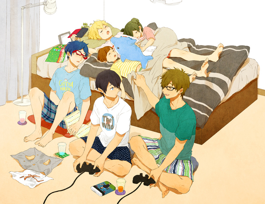 5boys barefoot black_hair blonde_hair blue_eyes blue_hair boxers brown_hair closed_eyes clothes_writing controller drooling dualshock english free! full_body game_controller gamepad glasses hazuki_nagisa multiple_boys nanase_haruka_(free!) plaid plaid_shorts playing_games pro_evolution_soccer ryuugazaki_rei shinzou_(shinzo-555) shirt short_hair shorts sleeping stuffed_animal stuffed_dolphin stuffed_toy t-shirt tachibana_makoto tachibana_ran_(free!) tachibana_ren_(free!) underwear