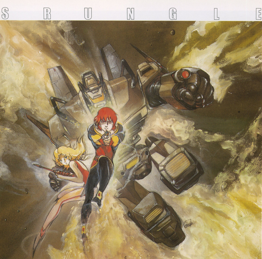 1girl 80s aiming_at_viewer akuu_daisakusen_srungle amano_yoshitaka blonde_hair blue_eyes bodysuit energy_gun gun highres jet_(srungle) long_hair looking_at_viewer mecha official_art oldschool production_art promotional_art ray_gun red_eyes red_hair rifle science_fiction sexy_(srungle) signature srungle_(mecha) traditional_media weapon