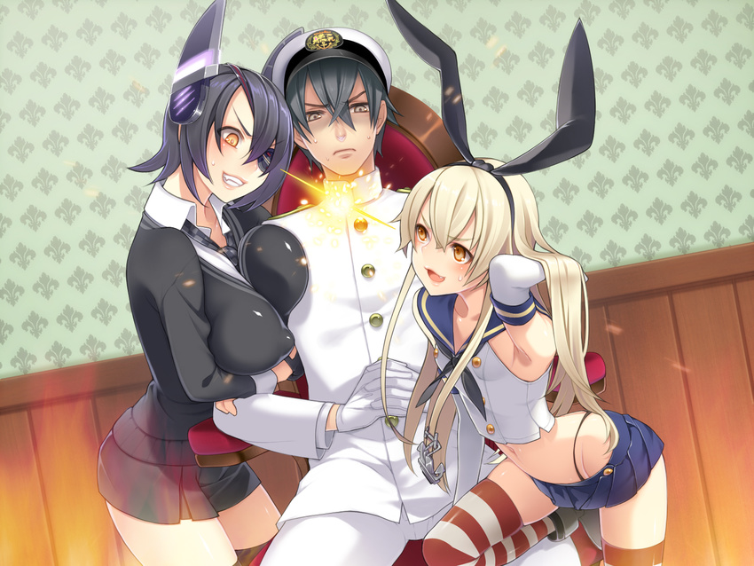 2girls admiral_(kantai_collection) anchor armpits black_panties blonde_hair breast_press breasts brown_eyes chair elbow_gloves eyepatch girl_sandwich gloves hair_ornament hairband hat headgear highres kantai_collection large_breasts long_hair military military_uniform multiple_girls open_mouth panties rivalry sandwiched shimakaze_(kantai_collection) short_hair striped striped_legwear sweatdrop tenryuu_(kantai_collection) thighhighs underwear uniform white_gloves yellow_eyes yuasa_akira