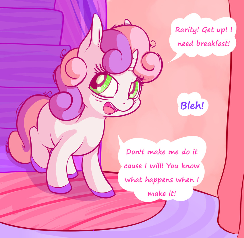 dialog english_text equine female feral friendship_is_magic fur green_eyes hair handsockz horn horse inside mammal my_little_pony pony sleepy solo sweetie_belle_(mlp) text two_tone_hair unicorn white_fur young