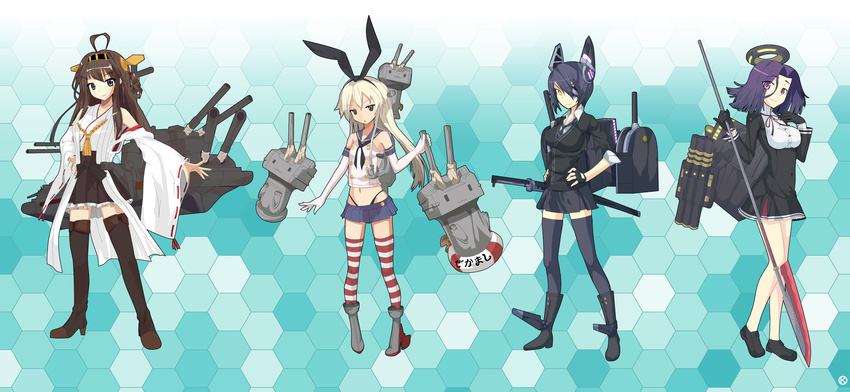 :3 alphes_(style) anchor bare_shoulders black_hair blonde_hair boots brown_hair cannon elbow_gloves eyepatch fingerless_gloves glaive gloves grey_eyes grey_footwear hair_ornament hair_ribbon hairband hands_on_hips highleg highleg_panties highres kantai_collection kaoru_(gensou_yuugen-an) kongou_(kantai_collection) lifebuoy loafers mechanical_halo miniskirt multiple_girls navel no_socks nontraditional_miko panties parody polearm purple_eyes rensouhou-chan ribbon ribbon-trimmed_sleeves ribbon_trim school_uniform shimakaze_(kantai_collection) shoes skirt smile striped striped_legwear style_parody tatsuta_(kantai_collection) tenryuu_(kantai_collection) thigh_boots thighhighs underwear weapon wide_sleeves yellow_eyes zettai_ryouiki ||_||