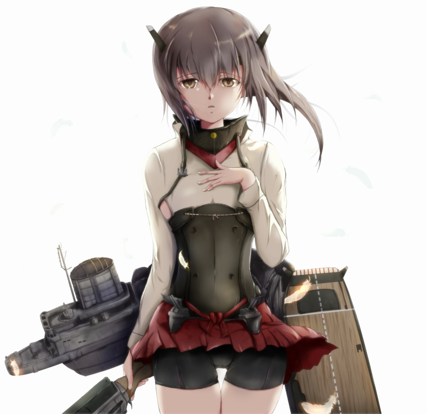 1girl bike_shorts brown_eyes brown_hair cowboy_shot flat_chest flight_deck hand_on_own_chest headband kantai_collection looking_at_viewer mable machinery open_mouth pleated_skirt red_skirt short_hair simple_background skirt solo taihou_(kantai_collection) white_background