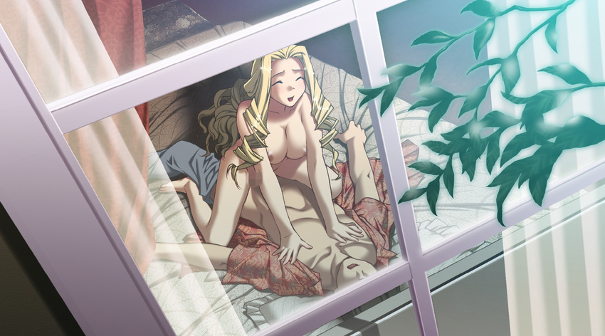 1girl bed bed_sheet blonde_hair breasts censored closed_eyes cowgirl_position drill_hair dutch_angle from_above from_outside game_cg girl_on_top happy_sex hetero highres honnou_yukari ino izayoi_no_hanayome large_breasts long_hair mosaic_censoring nude open_clothes open_shirt pillow sex sheet_grab shirt smile straddling window