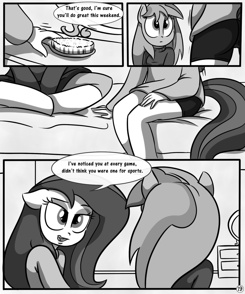 anthro brush comic dialog english_text equine female hair horse killryde lust_from_afar mammal monochrome my_little_pony pony sitting text