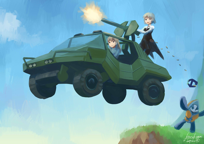 2girls alien eila_ilmatar_juutilainen firing flying grunt_(halo) gun halo_(game) jeep kanokoga machine_gun motor_vehicle multiple_girls muzzle_flash sanya_v_litvyak shell_casing strike_witches vehicle weapon