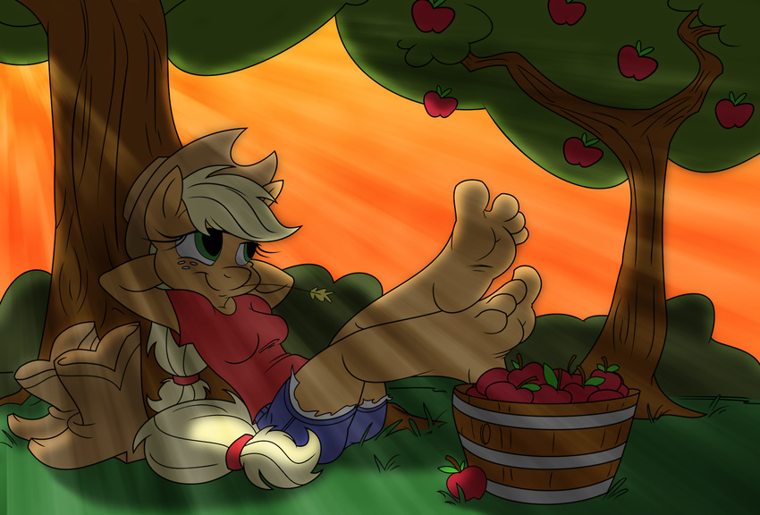 4_toes absurd_res anthro anthrofied apple apple_tree applejack_(mlp) arm_behind_head blonde_hair boots bucket clothing cowboy_hat equine female foot_fetish foot_focus freckles friendship_is_magic fruit fur green_eyes hair half-closed_eyes hat hi_res hindpaw horse kuroi_wolf mammal my_little_pony ookami-95 orange_fur outside paws plantigrade pony resting shirt shorts sitting soles solo toes tree