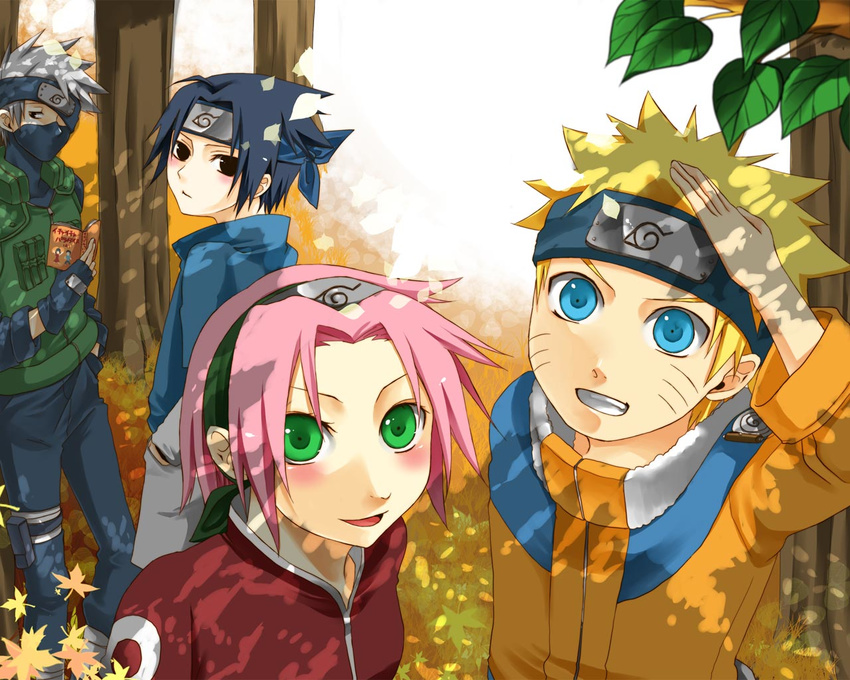 3boys :d against_tree arm_up black_eyes black_hair blonde_hair blue_eyes blue_shirt blush book breasts dappled_sunlight day dress expressionless fingerless_gloves flak_jacket forehead_protector forest gloves green_eyes grey_hair grin hand_in_pocket hands_in_pockets haruno_sakura hatake_kakashi holding holding_book jacket konohagakure_symbol long_sleeves looking_at_viewer mask multiple_boys naruto naruto_(series) nature ninja one_eye_covered open_book open_mouth orange_jacket outdoors pink_hair pokachi red_dress sanpaku shading_eyes shirt short_hair short_sleeves shorts small_breasts smile spiked_hair standing sunlight team7 tree turtleneck uchiha_sasuke uzumaki_naruto whisker_markings white_shorts